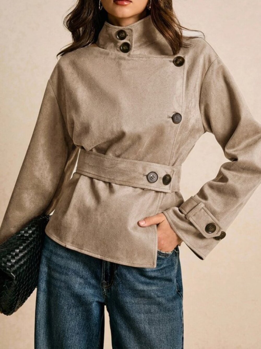 Tan Faux Suede-Feel Belted Trench Jacket with Asymmetric Buttons